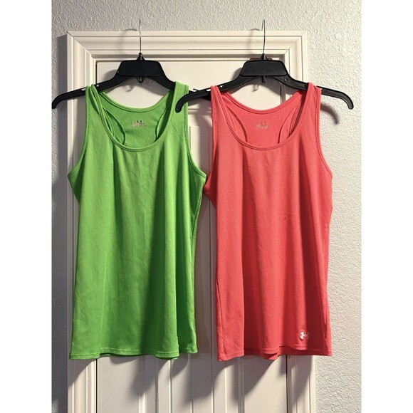 Under Armour Tank Tops Neon Pink Green Large Ribbed Activewear Gym Workout Run - Picture 1 of 6